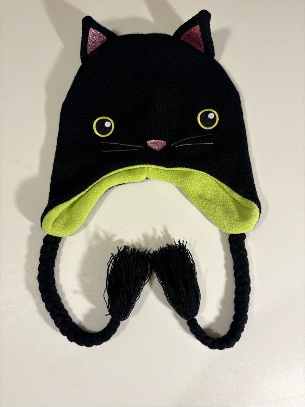 Kids Black Cat Ear Hat with Lime Lining and Braided Tassels